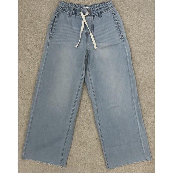 RSQ Size Large Wide Leg Jeans Frayed Hem Drawstring Waist Pull On Skater Boho - Picture 4 of 9